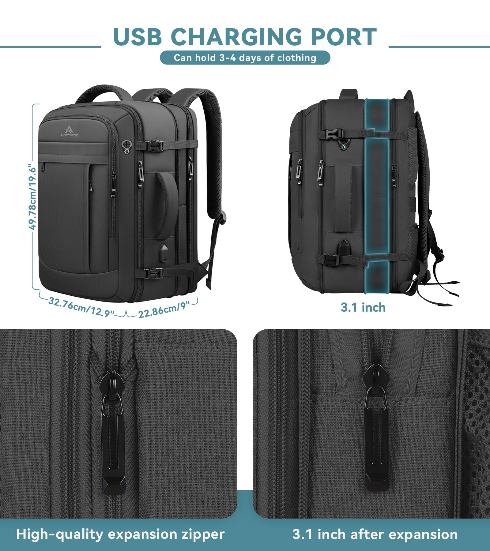 AREYTECO 50L Expandable Carry On Travel Backpack with USB Port, TSA Lay-Flat Design and 17” Laptop Compartment