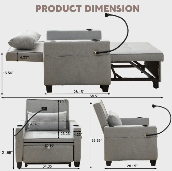 3-in-1 Convertible Sleeper Chair Bed with USB Ports - Pull-Out Futon Armchair (Grey)