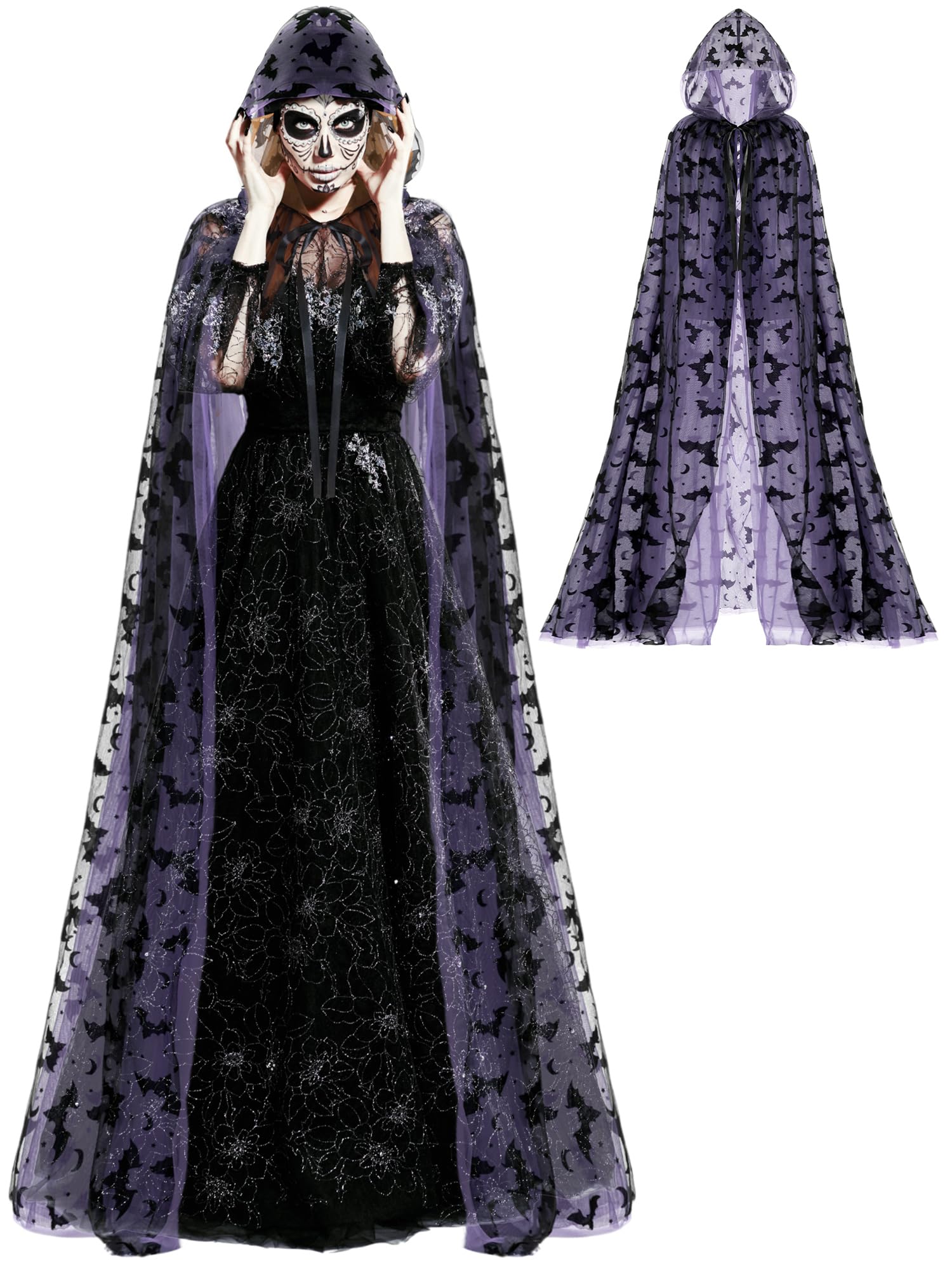 Purple Gothic Witch Lace Cape with Hood – Bat Pattern Halloween Cloak for Women (71" Length)