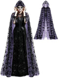 Purple Gothic Witch Lace Cape with Hood – Bat Pattern Halloween Cloak for Women (71" Length)