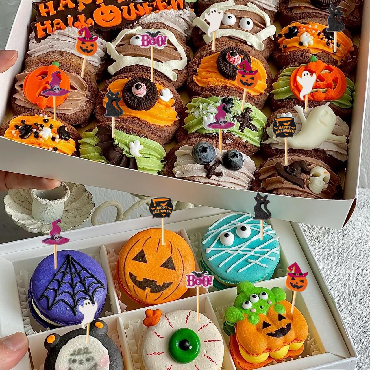 Halloween Cocktail Picks Set – 240Pcs Bamboo Party Toothpicks with Ghost, Pumpkin & Bat Designs for Snacks, Fruits & Appetizers