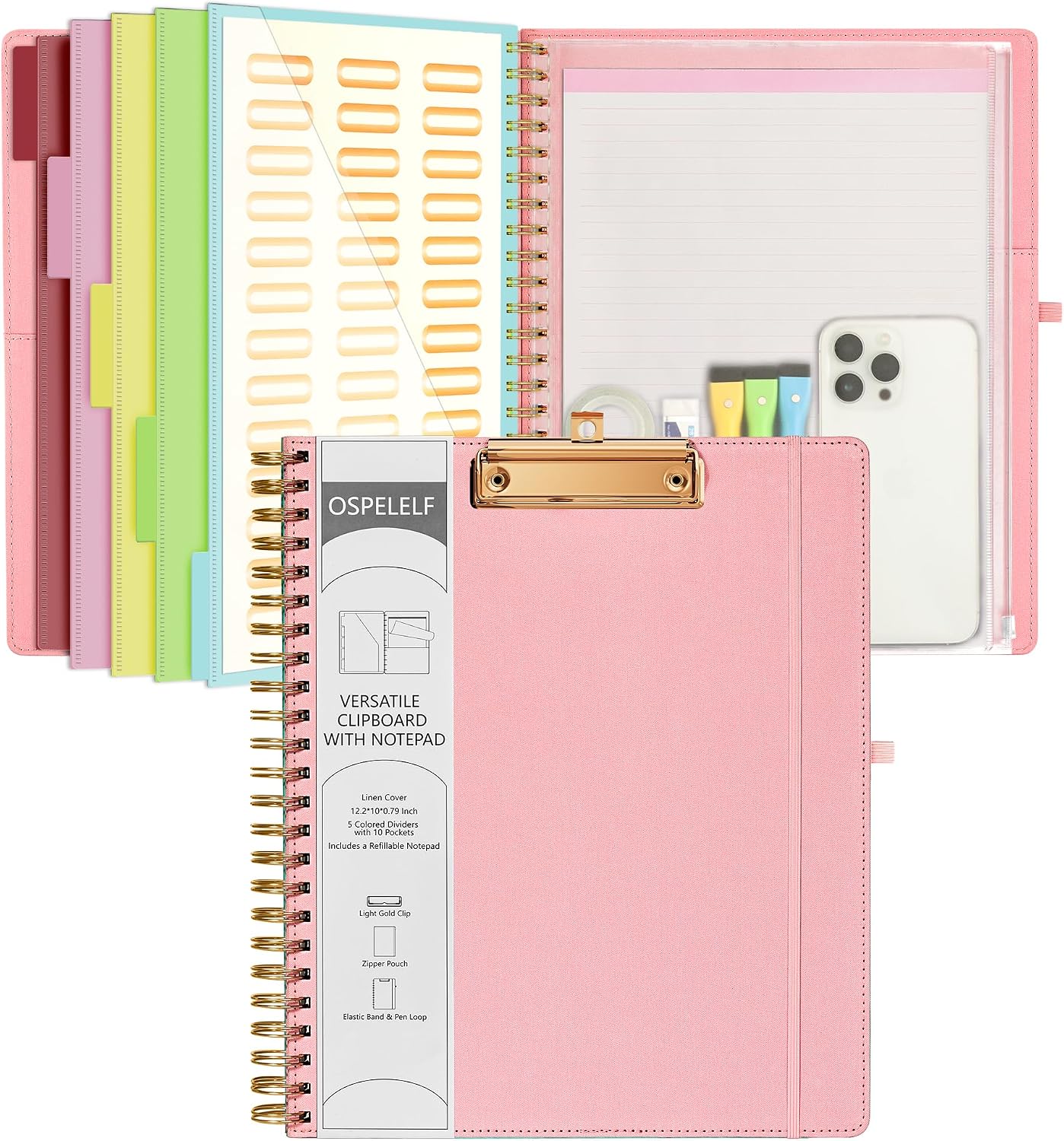 Purple Foldable Clipboard Folio with 10 Storage Pockets