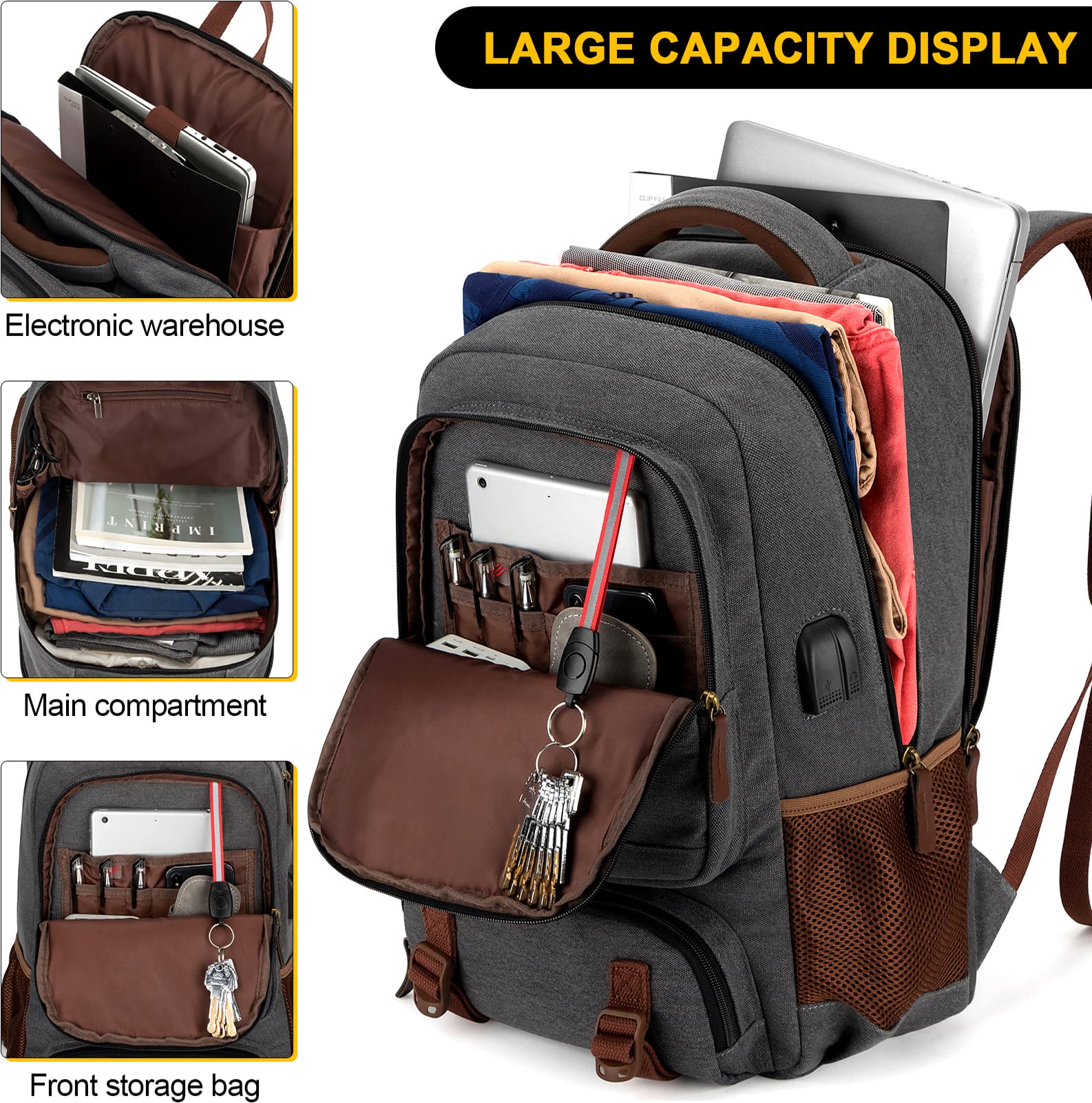 Tzowla Canvas Laptop Backpack with USB & Headphone Port – 15.6″ Travel & Daily Work Rucksack