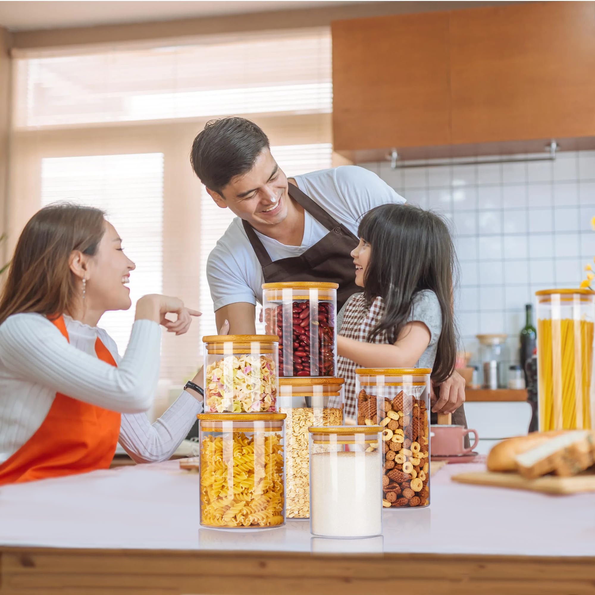 7-Piece Glass Food Storage Jar Set with Bamboo Lids – Multi-Size Airtight Canisters for Pantry Organization