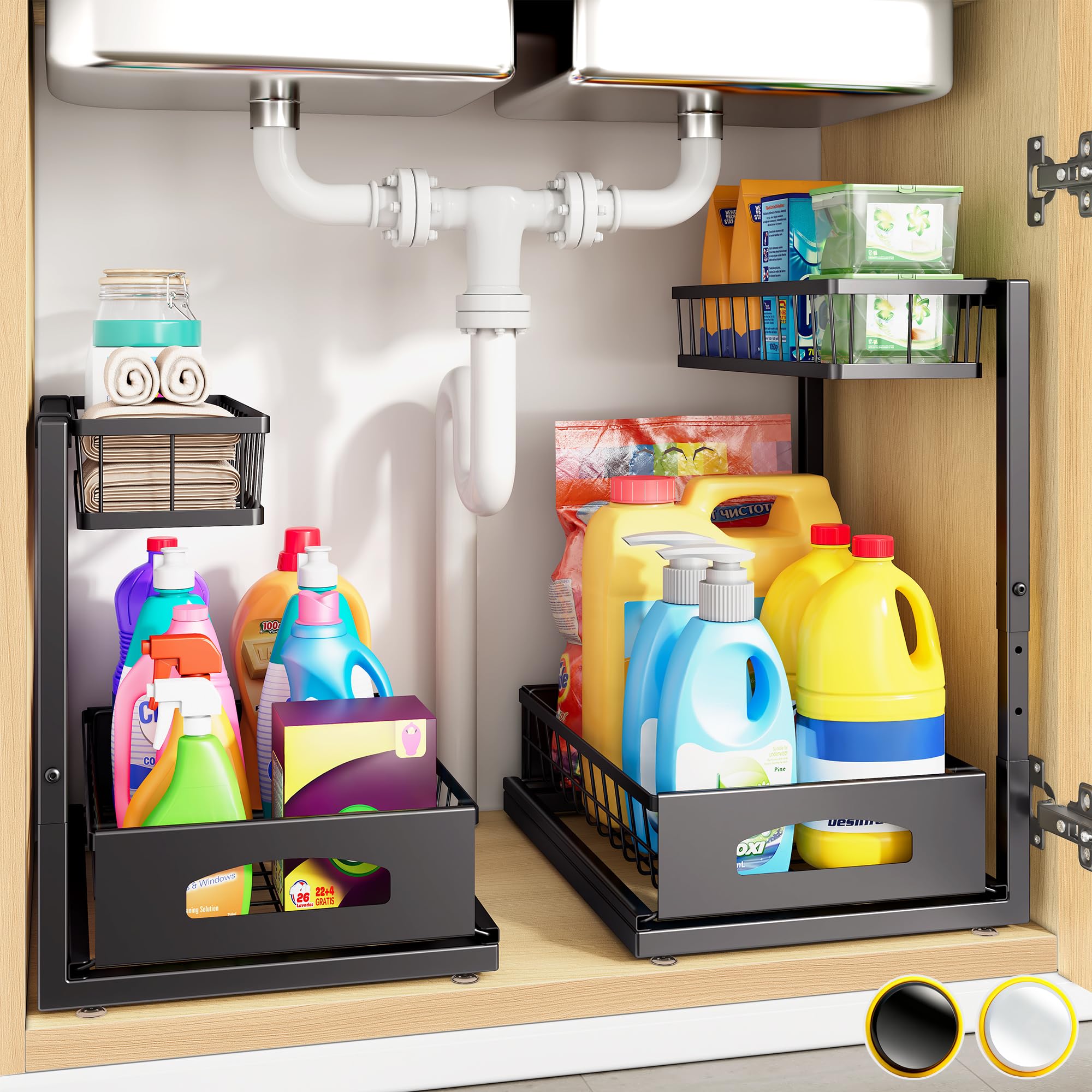 Height-Adjustable 2-Tier Under Sink Organizer (2-Pack) – Slide-Out Cabinet Storage with Secure Basket Design, Black