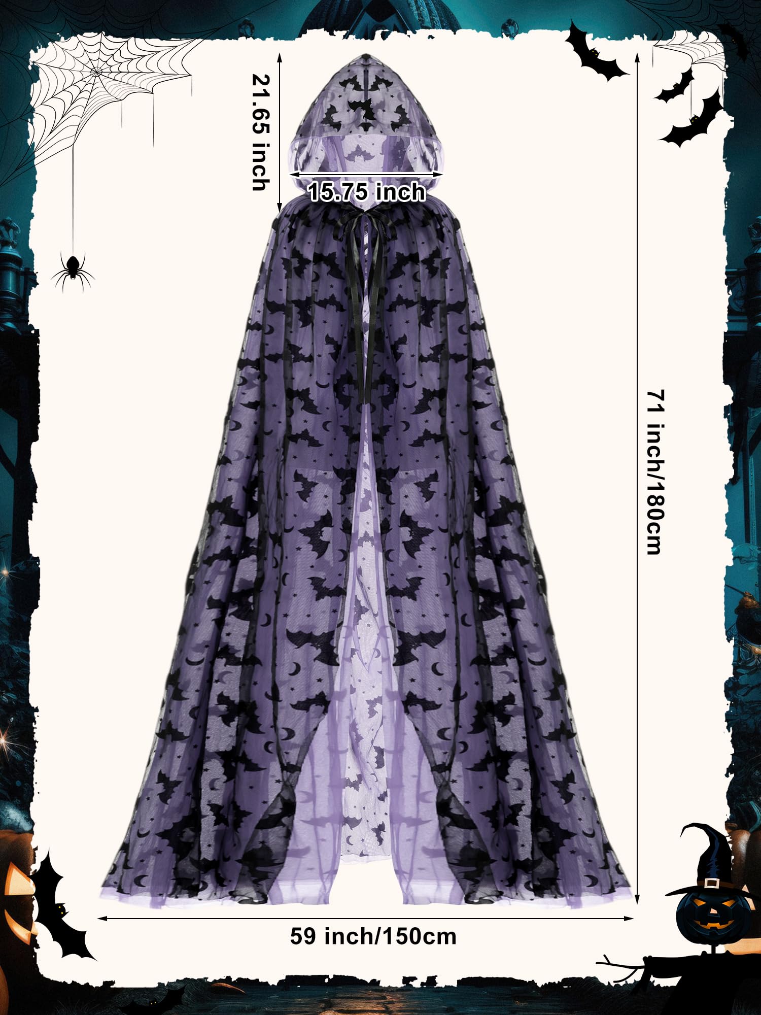 Purple Gothic Witch Lace Cape with Hood – Bat Pattern Halloween Cloak for Women (71" Length)