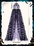 Purple Gothic Witch Lace Cape with Hood – Bat Pattern Halloween Cloak for Women (71" Length)