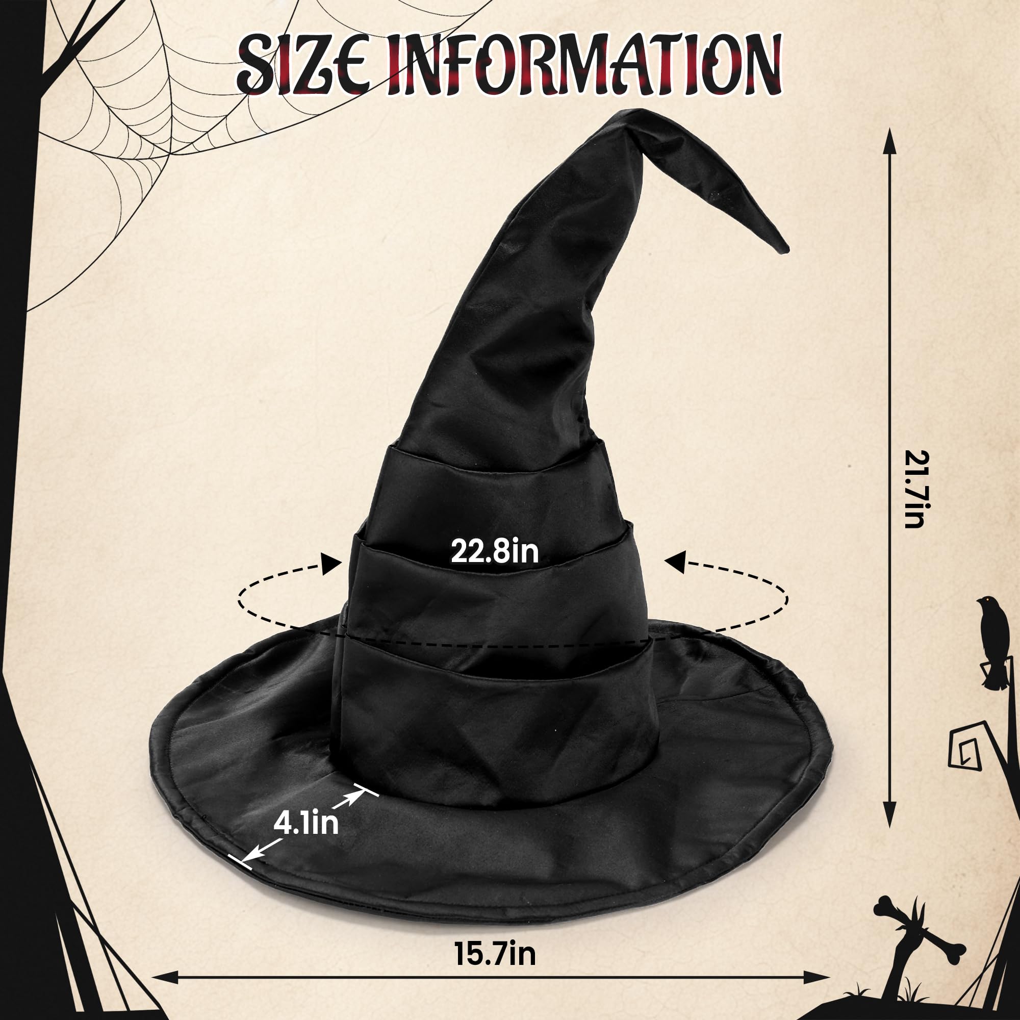 Bendable Witch Hat for Women – Adjustable Wire Brim & Cone | Premium Matte Satin Halloween Hat