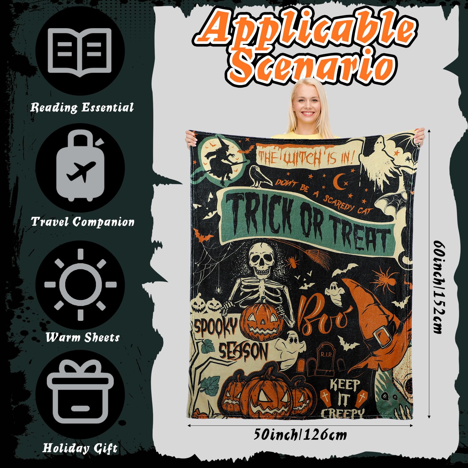 Halloween Ghost Skeleton Flannel Blanket – 50"x60" Soft Warm Throw for Couch, Bed & Travel