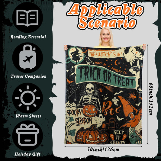 Halloween Ghost Skeleton Flannel Blanket – 50"x60" Soft Warm Throw for Couch, Bed & Travel