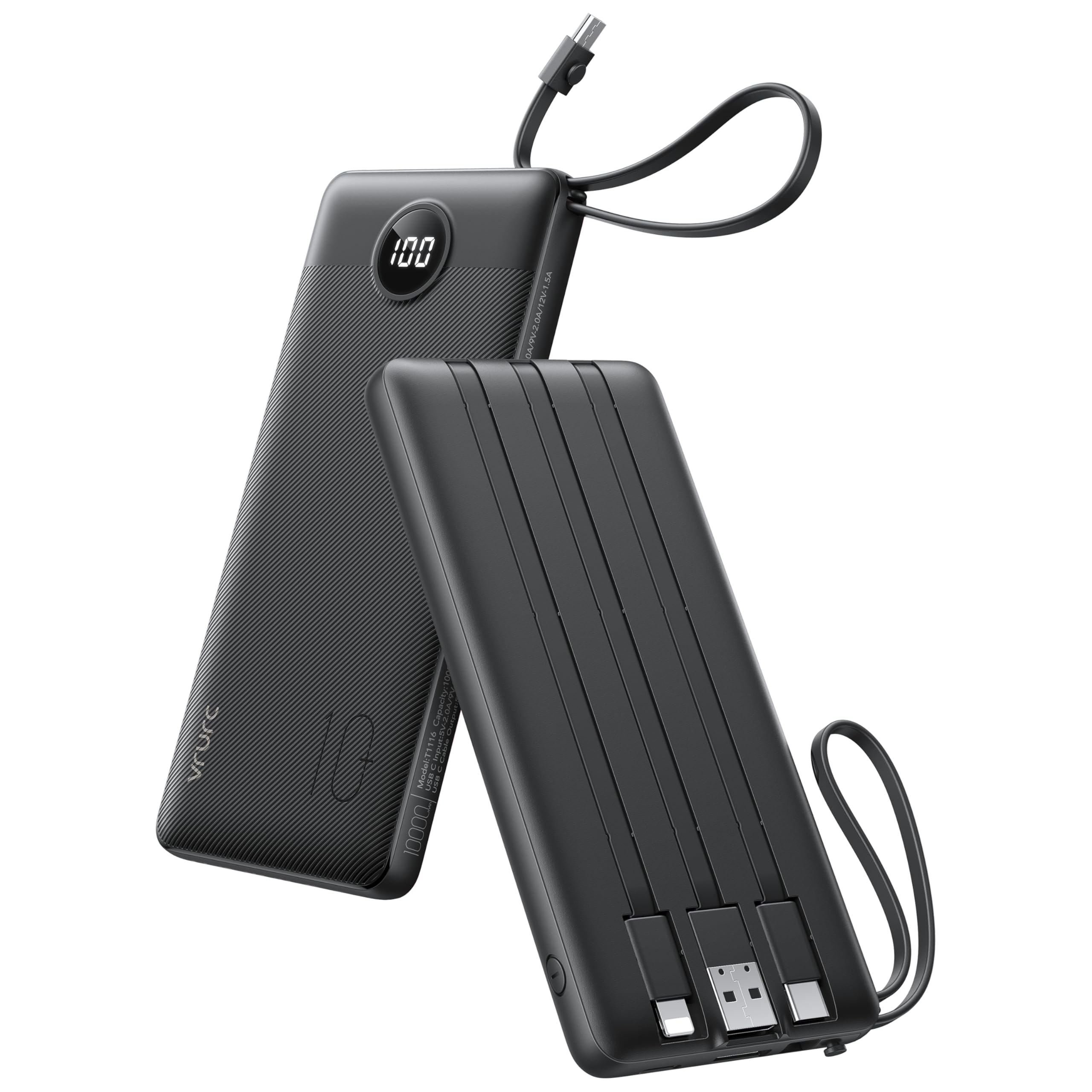 Ultra Slim 10000mAh Power Bank with Built-In Cables & LED Display – Fast Charging Portable Battery Pack (Black)