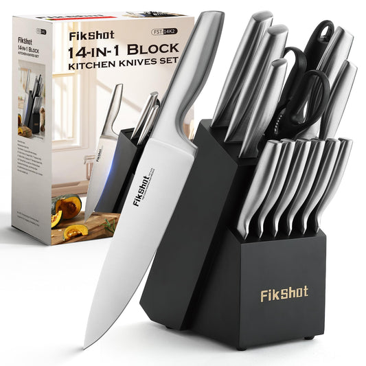 14-Piece Stainless Steel Kitchen Knife Set with Block & Sharpening Rod