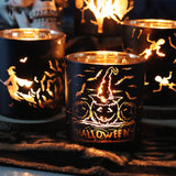 Black & Gold Halloween Candle Holders – 4PCS Laser-Engraved Glass Votive Set with Witches & Pumpkins