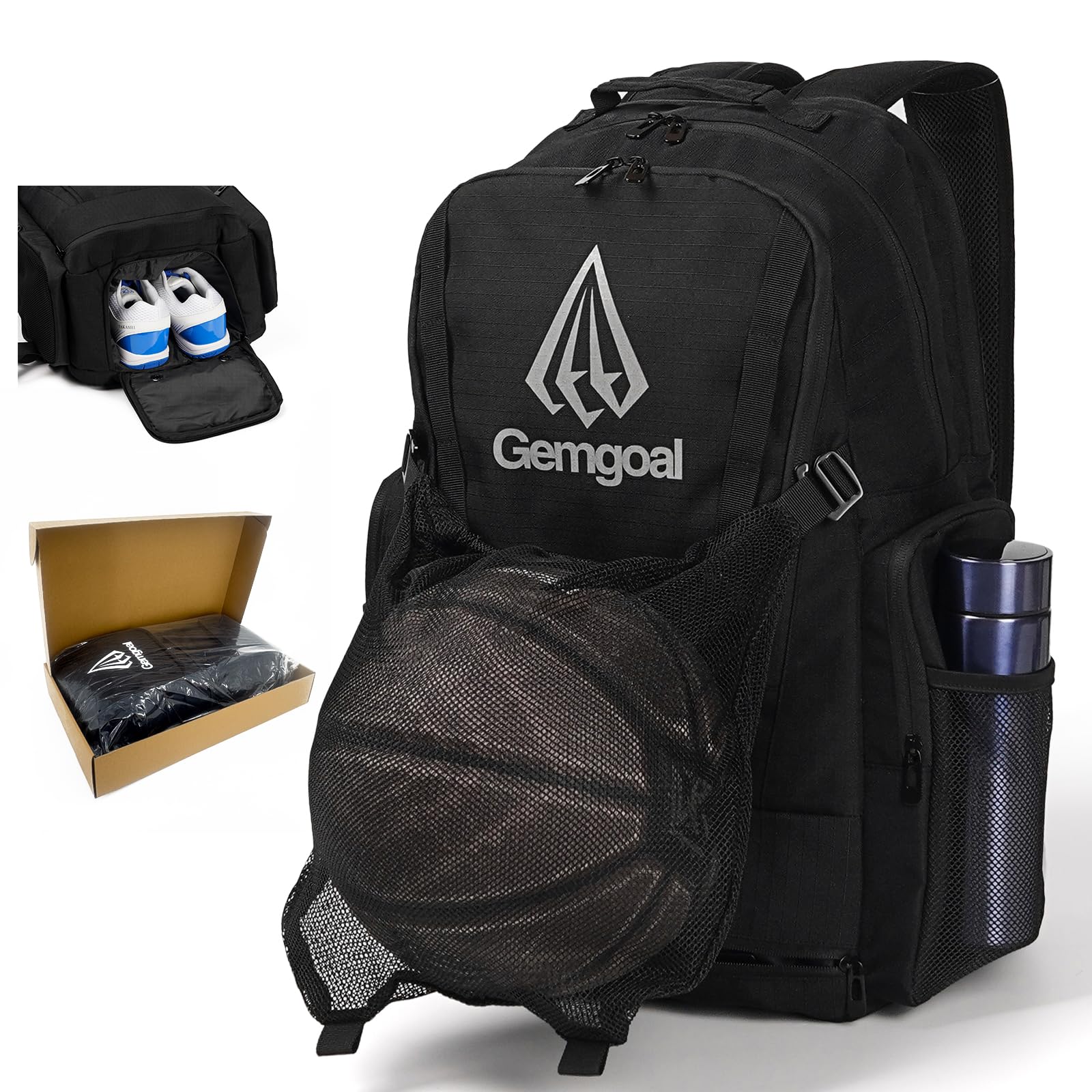 GEMGOAL Basketball Backpack with Ball Holder & Shoe Compartment – Large Sports Gear Bag with Wet/Dry Storage – Black