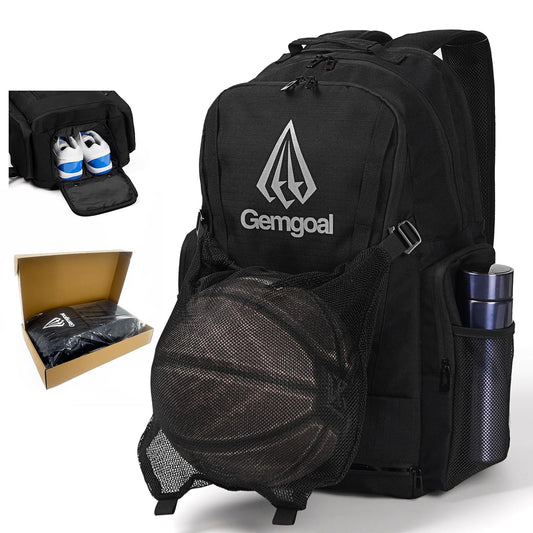 GEMGOAL Basketball Backpack with Ball Holder & Shoe Compartment – Large Sports Gear Bag with Wet/Dry Storage – Black
