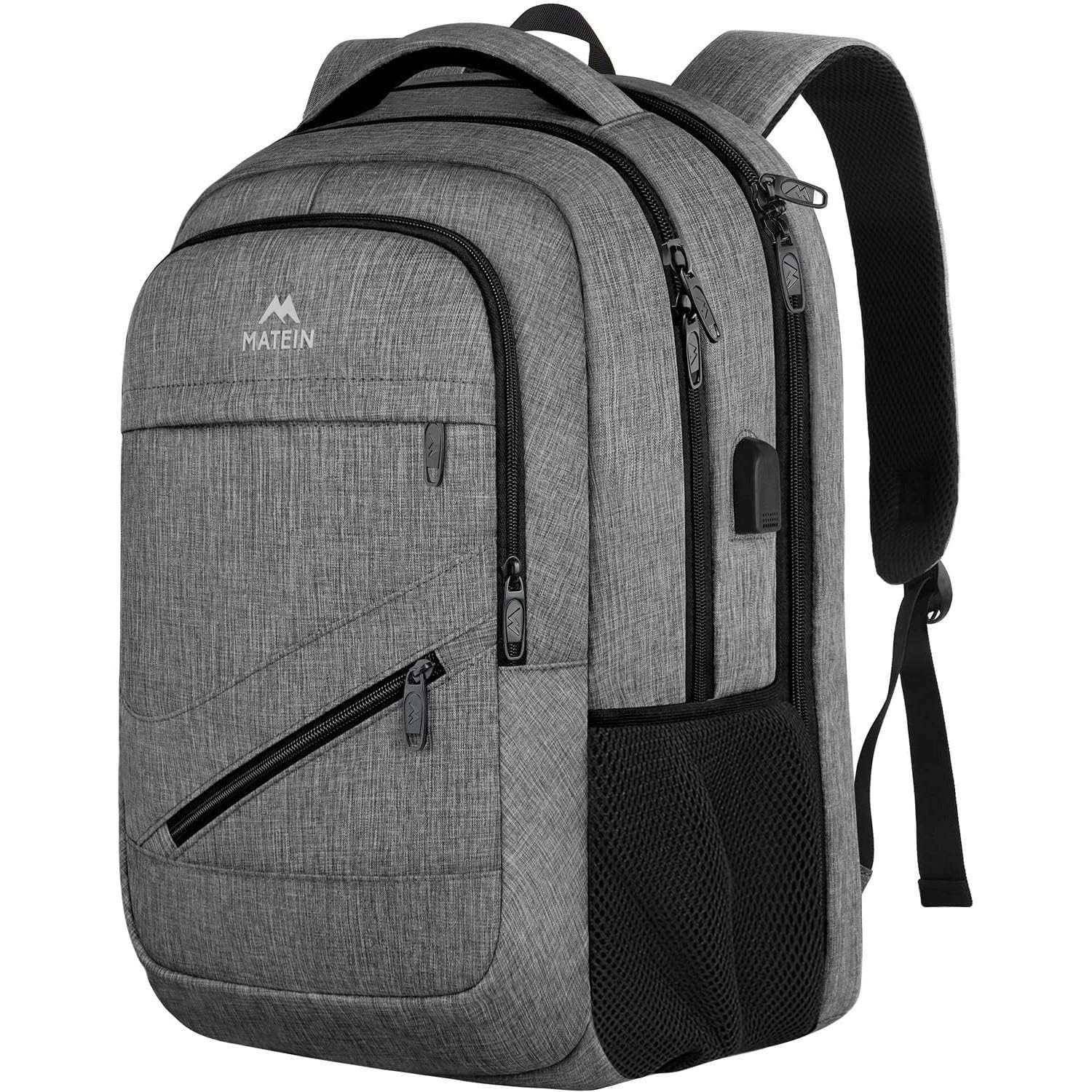Matein 17″ TSA-Approved Travel Laptop Backpack – Large Carry-On with USB Charging & Trolley Sleeve (Grey)