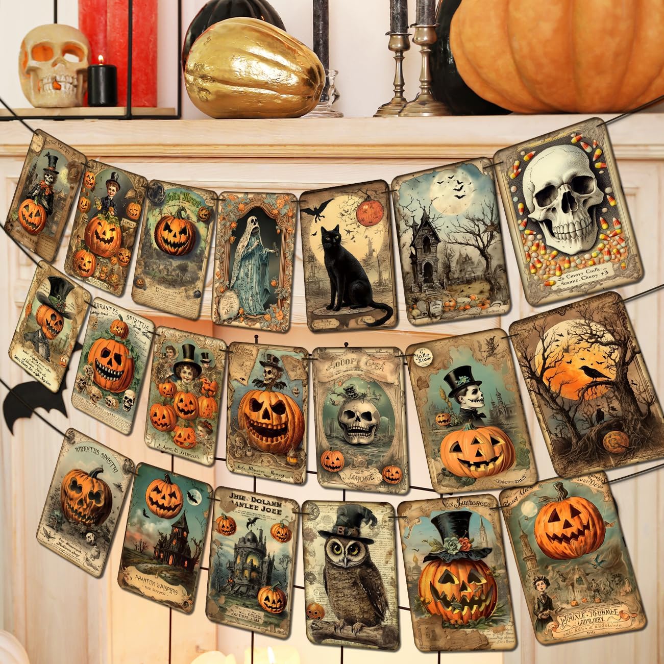Vintage Halloween Banner – 20-Card Multicolor Garland with Retro Pumpkins, Cats & Skeleton Designs