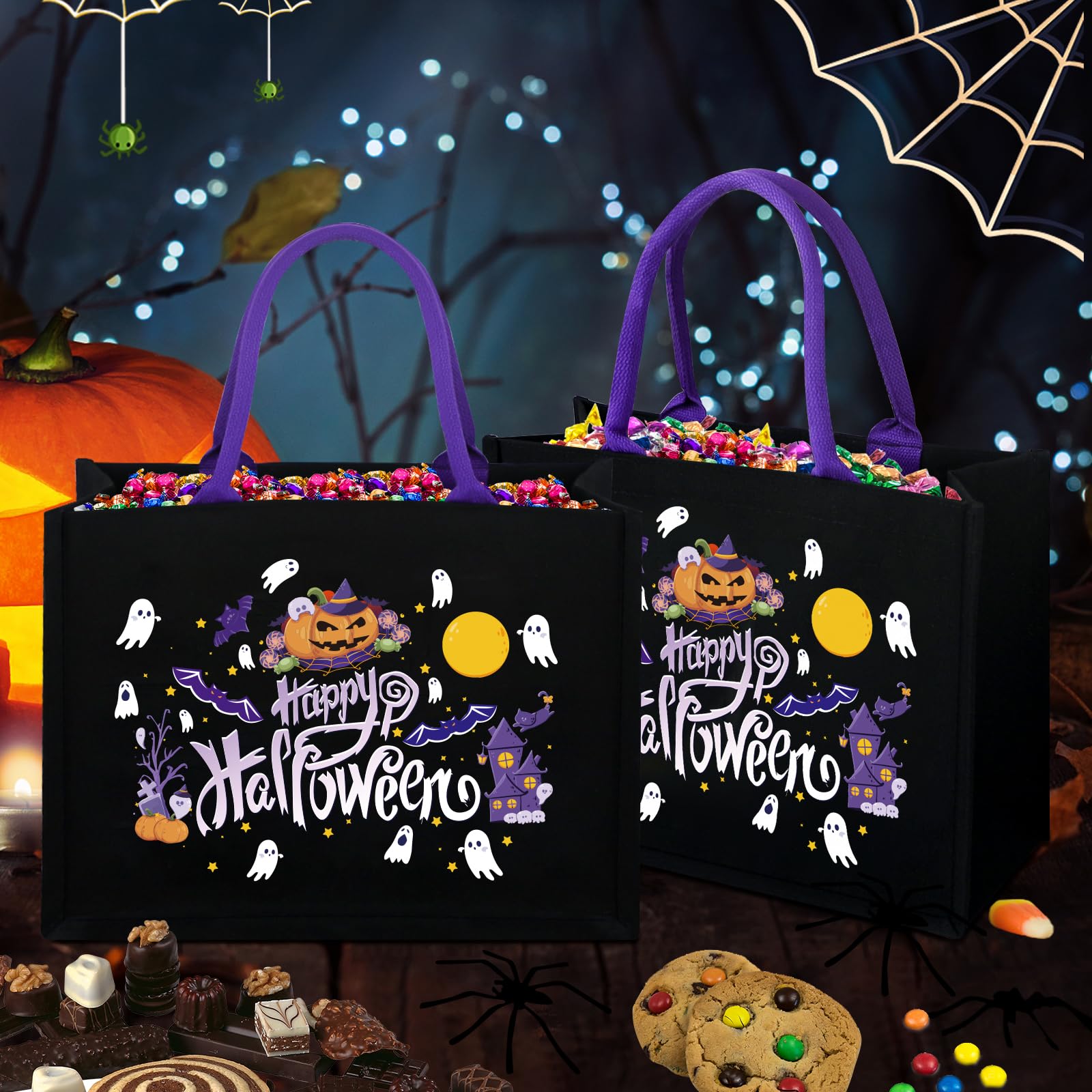Glow-in-the-Dark Halloween Tote Bag – Large Black Canvas Trick-or-Treat Bag with Ghost & Pumpkin Design (Reusable)