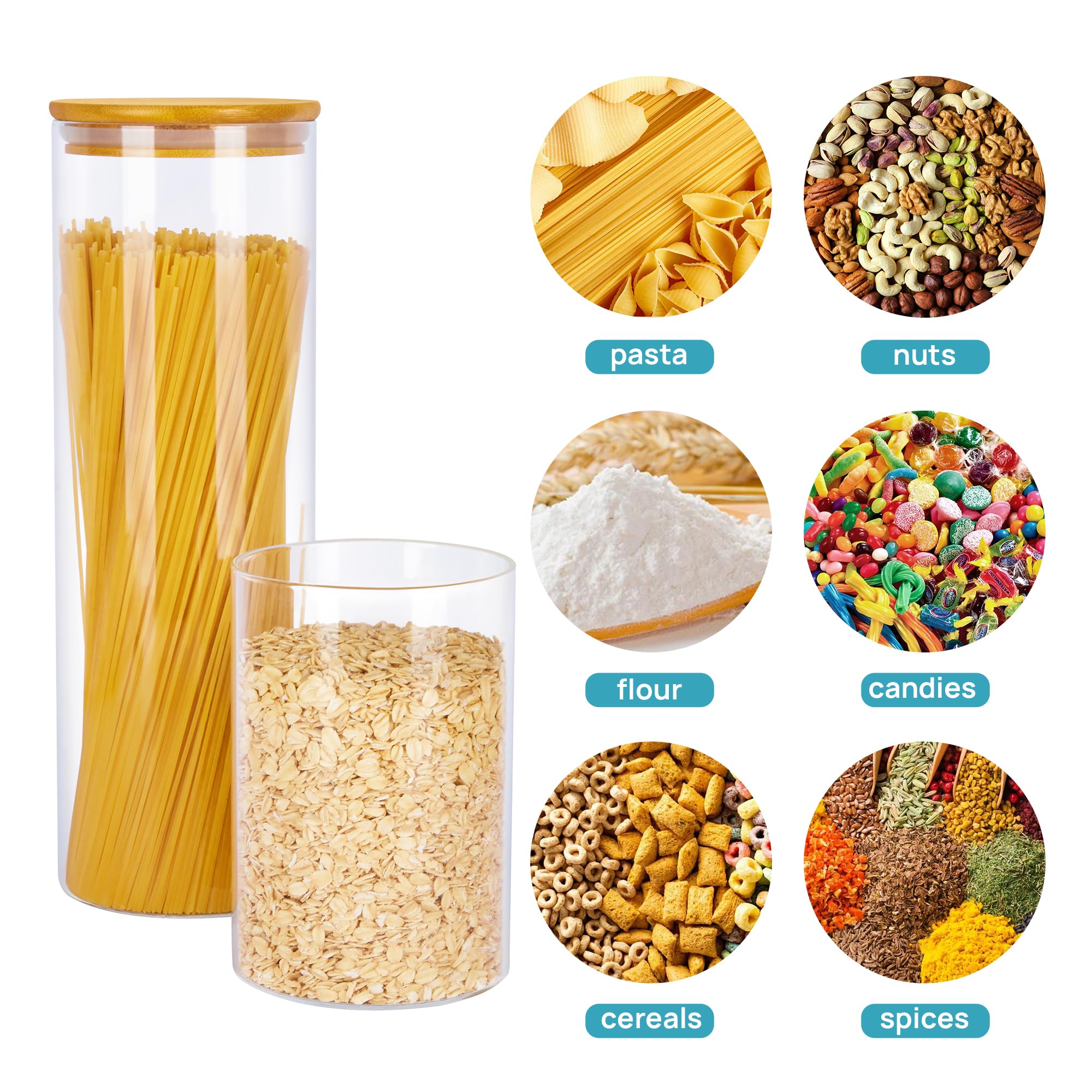 7-Piece Glass Food Storage Jar Set with Bamboo Lids – Multi-Size Airtight Canisters for Pantry Organization