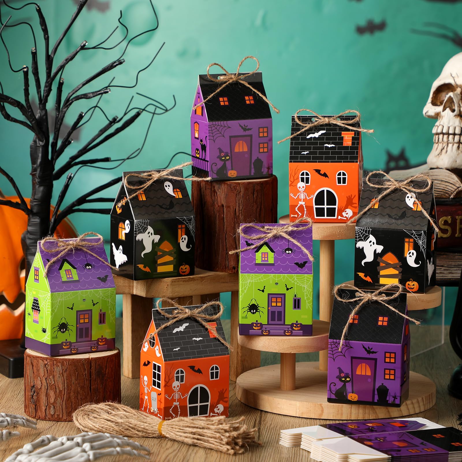 Halloween Mini Gift Boxes – 48-Pack Candy & Treat Boxes with Twine, 4 Festive Designs (Castle & Candy Theme)