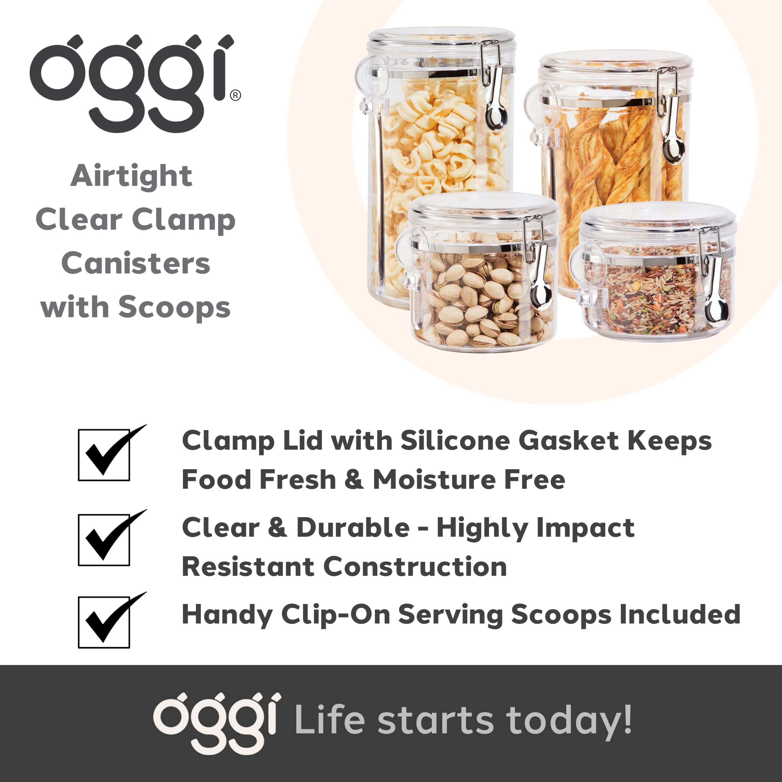 Airtight Kitchen Canister Set – 4-Piece Stackable Food Storage Containers with Scoops (Black Lids)