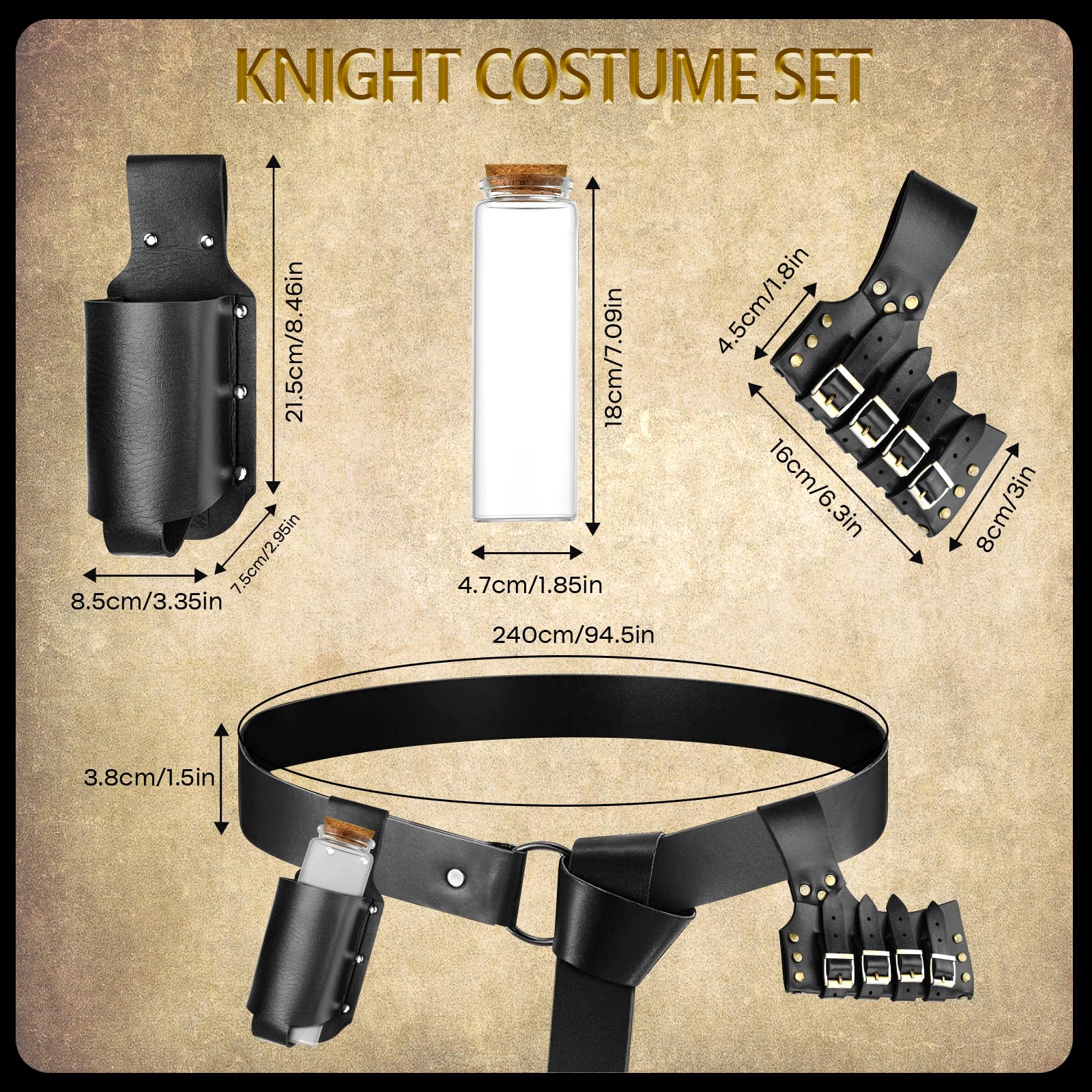 Black Medieval Knight Costume Set – Hooded Cloak, Armor, Belt & Potion Bottle for Halloween ⚔️🖤