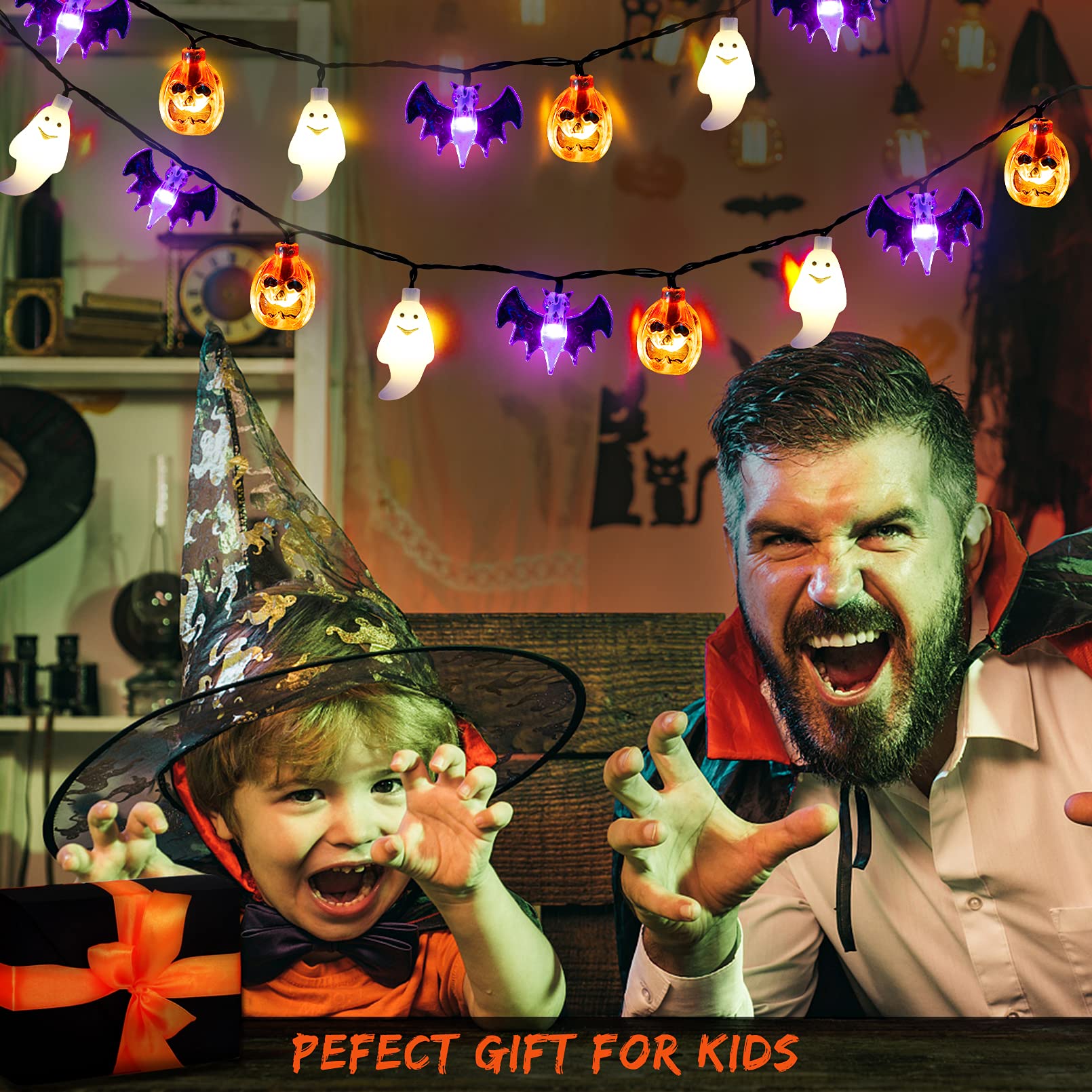 Pumpkin, Bat & Ghost Halloween String Lights – 30 LED 20Ft Battery Operated Waterproof Lights with Timer & 8 Lighting Modes (Indoor/Outdoor Décor)