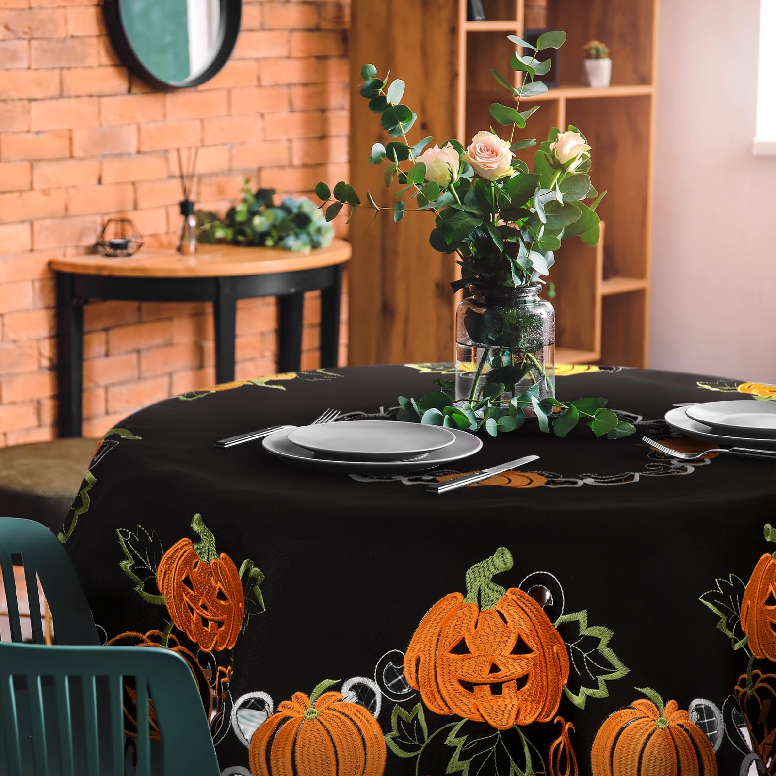 Halloween Pumpkin Embroidered Tablecloth – Square 33.8" x 33.8" Black & Orange Polyester