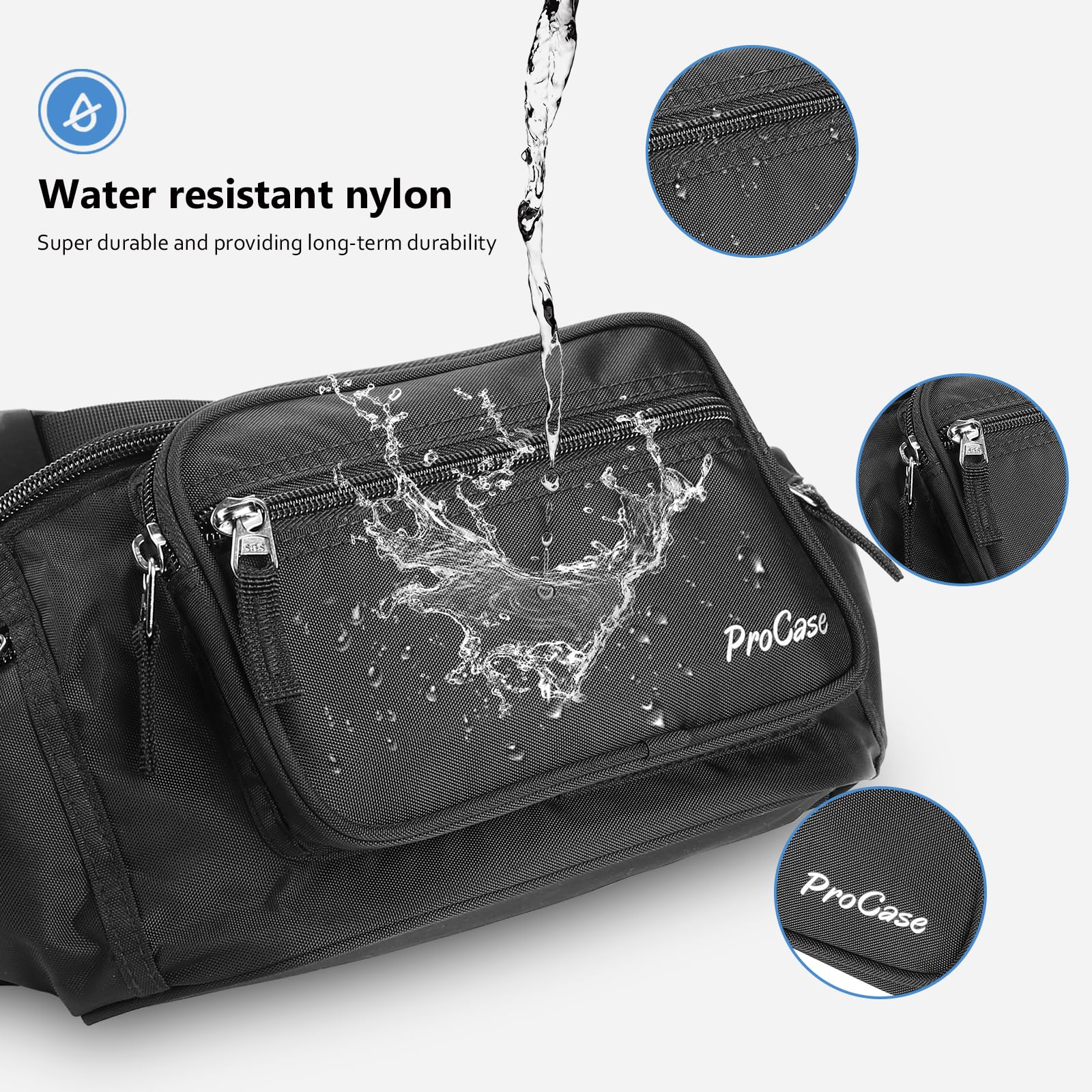 PROCASE Fanny Pack Waist Bag – Water-Repellent Hip & Crossbody Pack for Travel, Running & Outdoor Sports (Black)