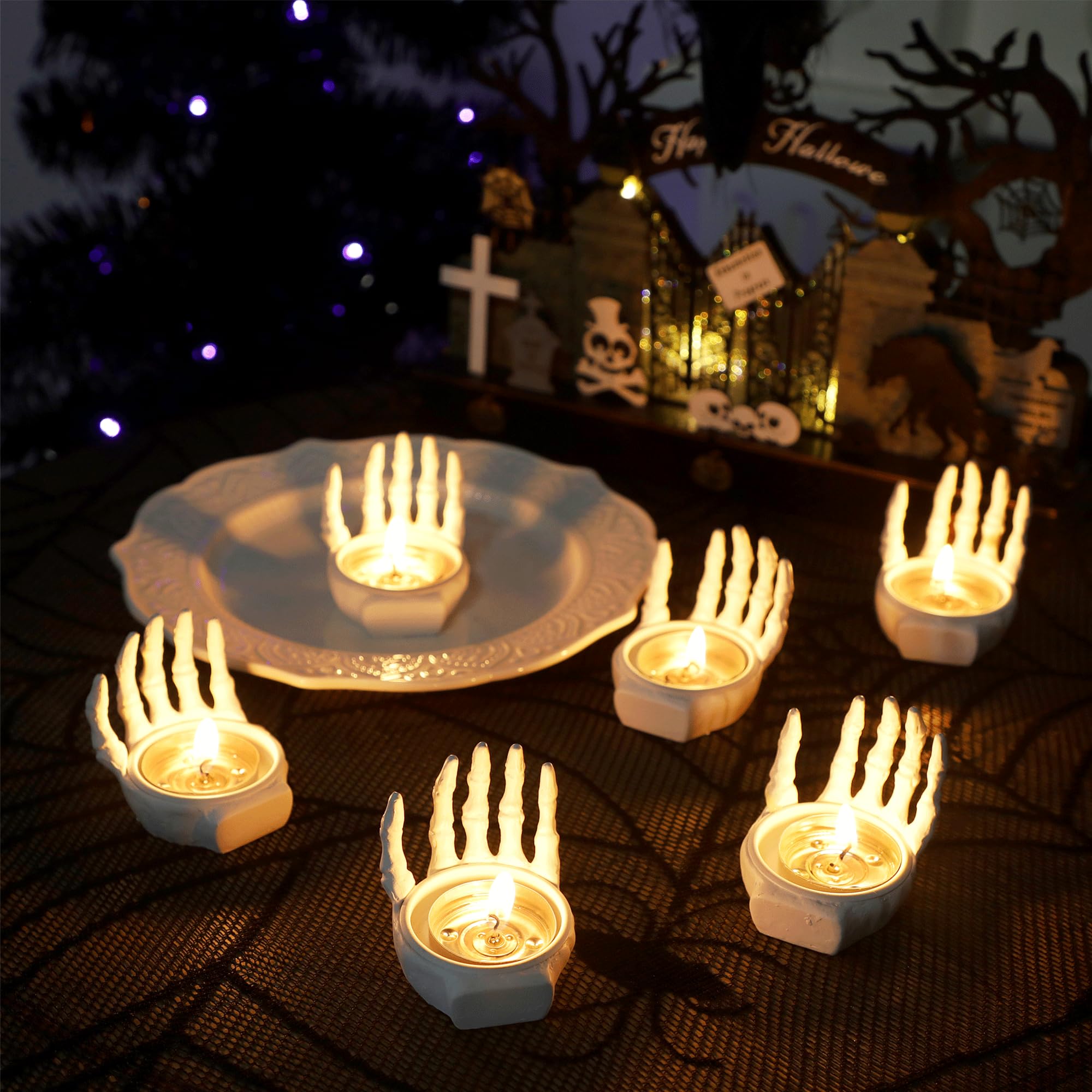 White Skeleton Hand Tealight Candle Holders – Set of 6 Resin Halloween Centerpieces for Spooky Home Décor