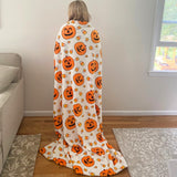 Halloween Velvet Fleece Throw Blanket – Jack O’ Lantern & Candy Corn Pattern (50x70”, White Yellow Orange)