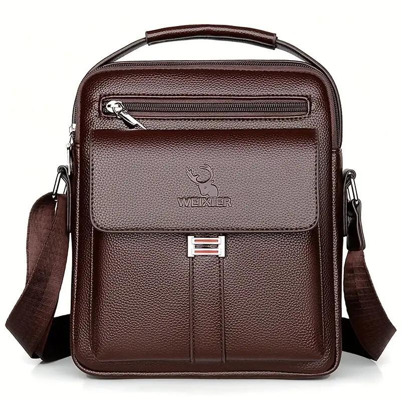 Leather Messenger Crossbody Shoulder Bag for Men – Work, Business & Casual Travel Bag with Adjustable Strap & Metal Zipper