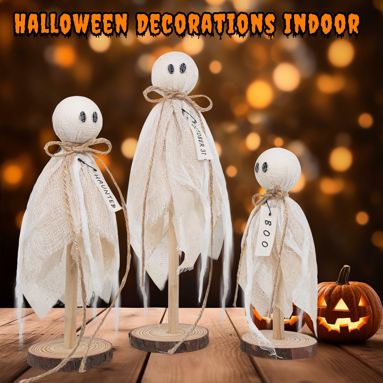 Rustic Wooden Ghost Trio – Farmhouse Halloween Decorations with BOO & Haunted Labels, 3 Sizes