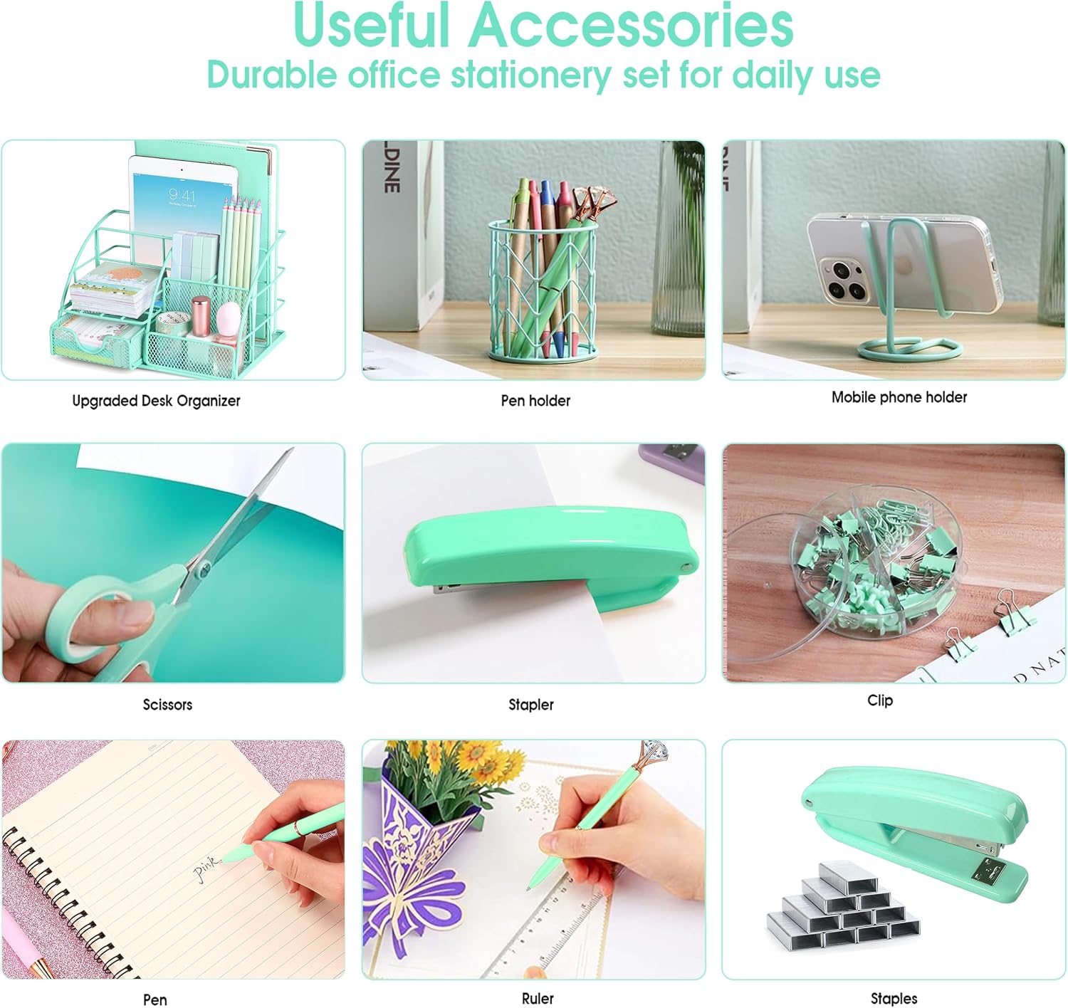 Green Desk Organizer and Office Supplies Set