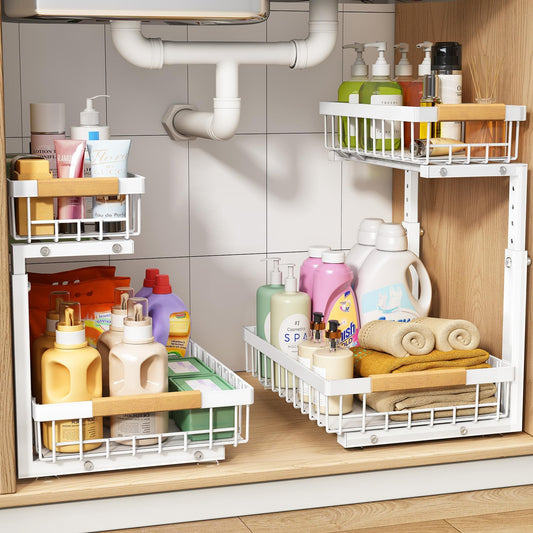 PXRACK Under Sink Organizer 2-Pack – Adjustable Height 2-Tier Pull-Out C-Shape Cabinet Storage for Kitchen & Bathroom