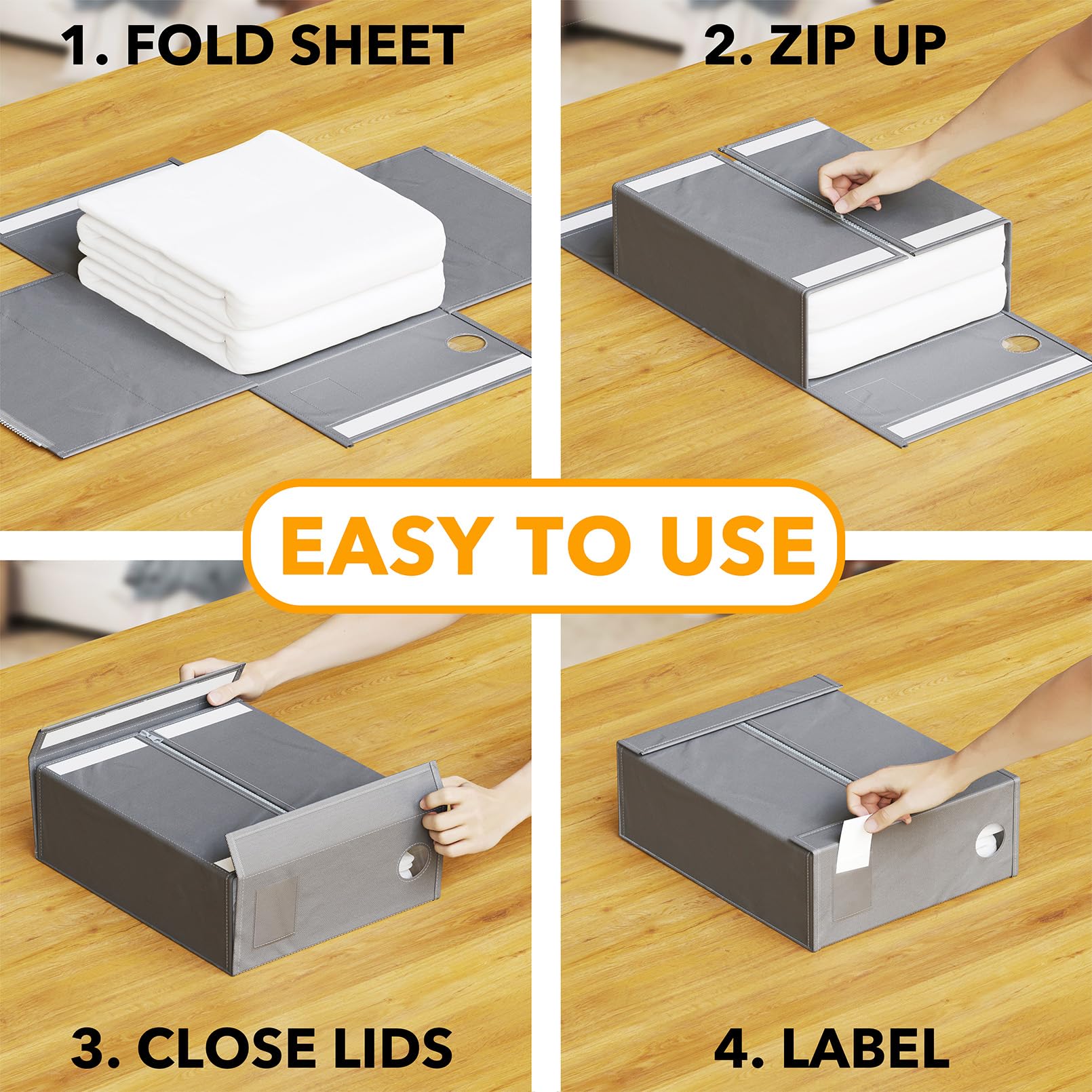Bed Sheet Organizer Set (4-Pack) – Foldable Linen Storage with Window & Labels for Queen and King Bedding