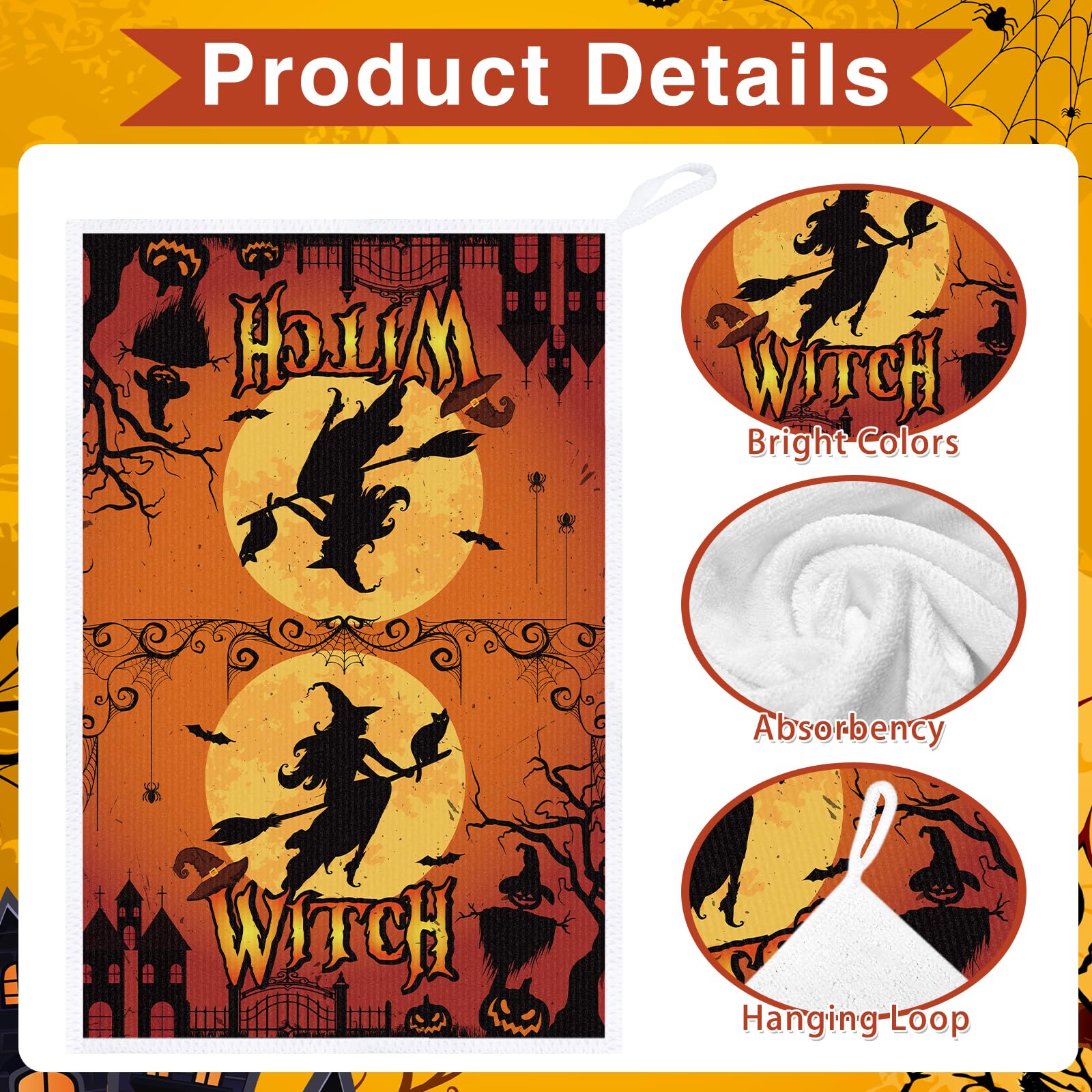 Halloween Kitchen Towels Set of 4 – Spooky Multicolor Microfiber Dish & Hand Towels with Pumpkins and Black Cats