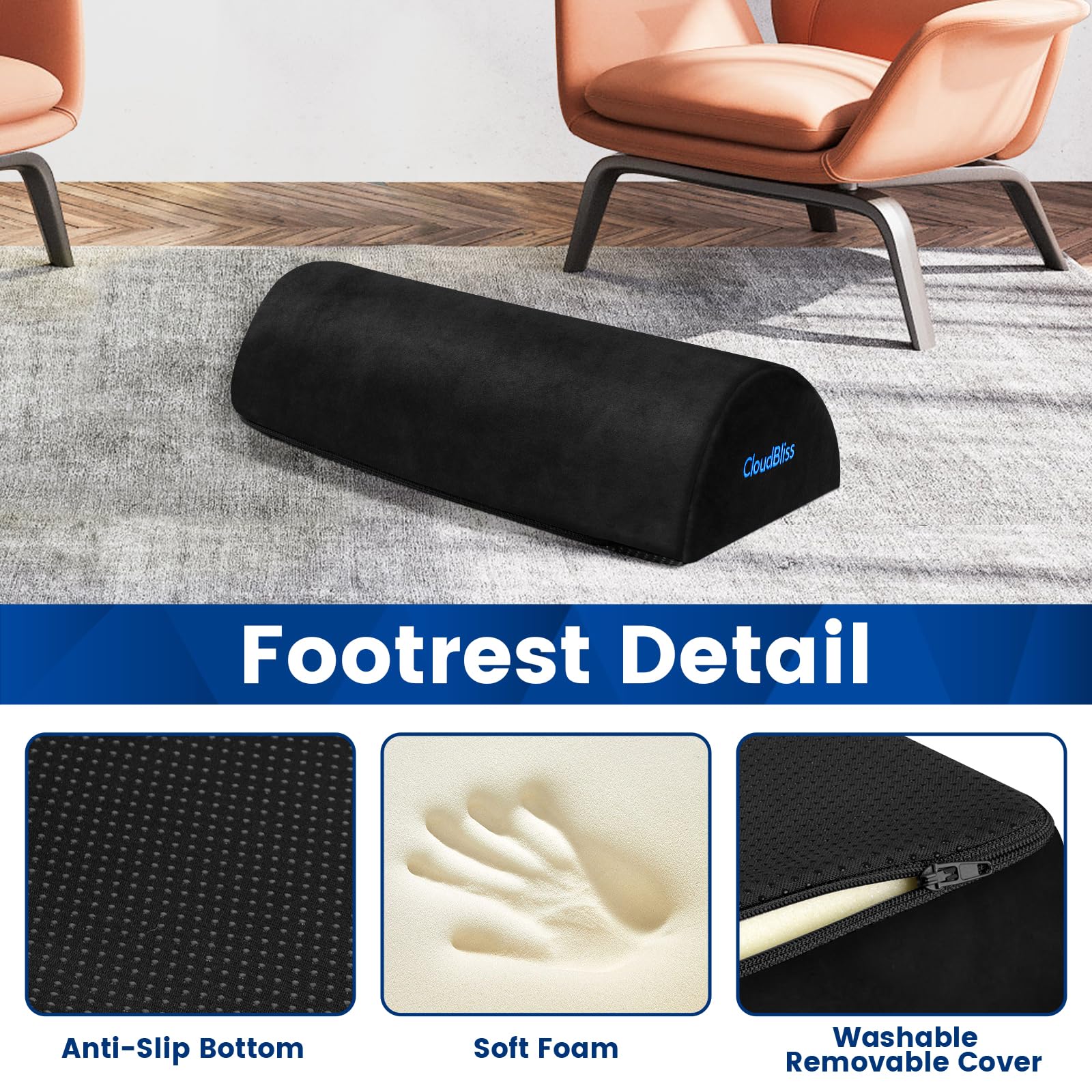 Ergonomic Under Desk Foot Rest Memory Foam Foot Stool with Washable Cover Office Support Cushion Black