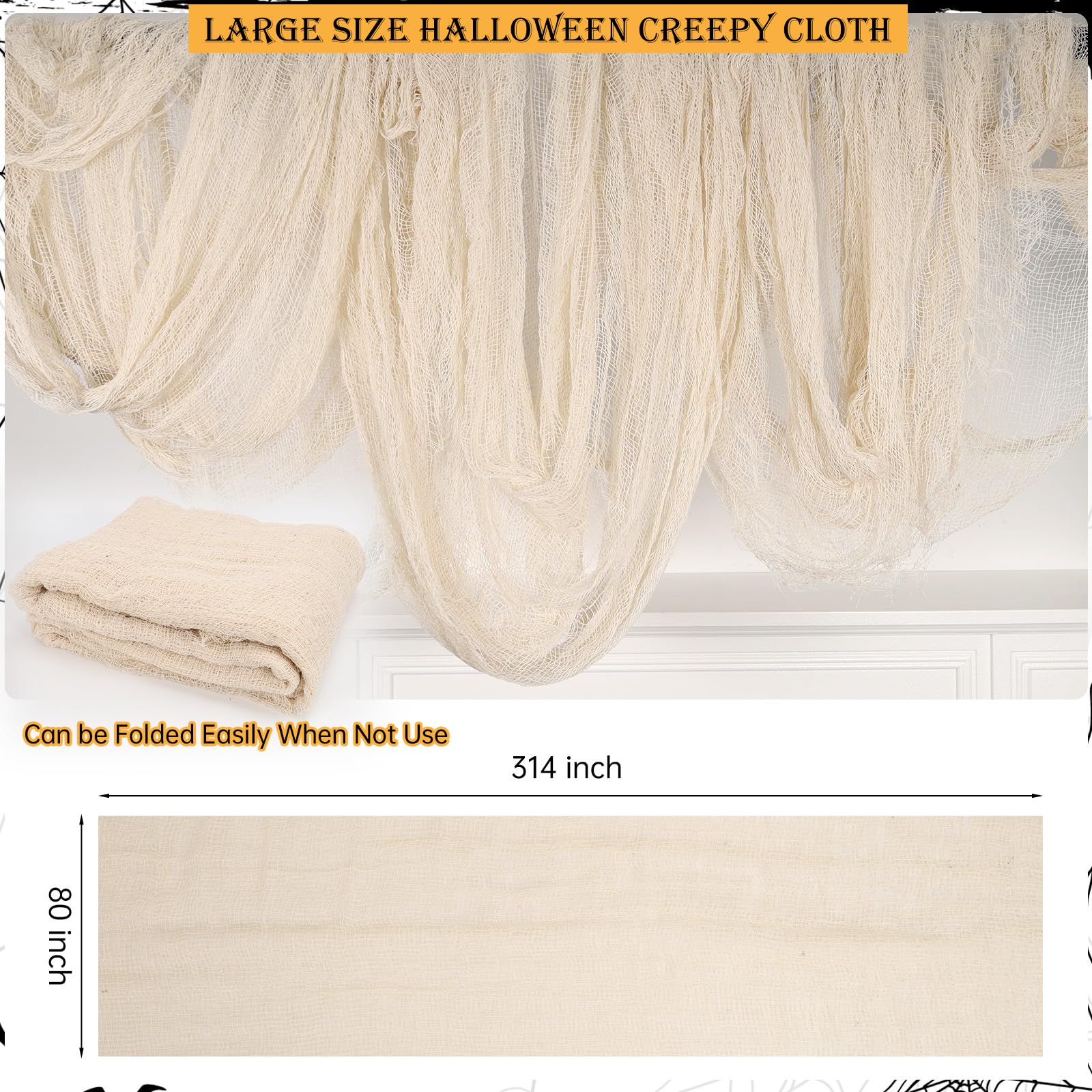Beige Halloween Creepy Cloth – 315x78.7" Oversized Cotton Spooky Gauze for Haunted House & Party Decorations