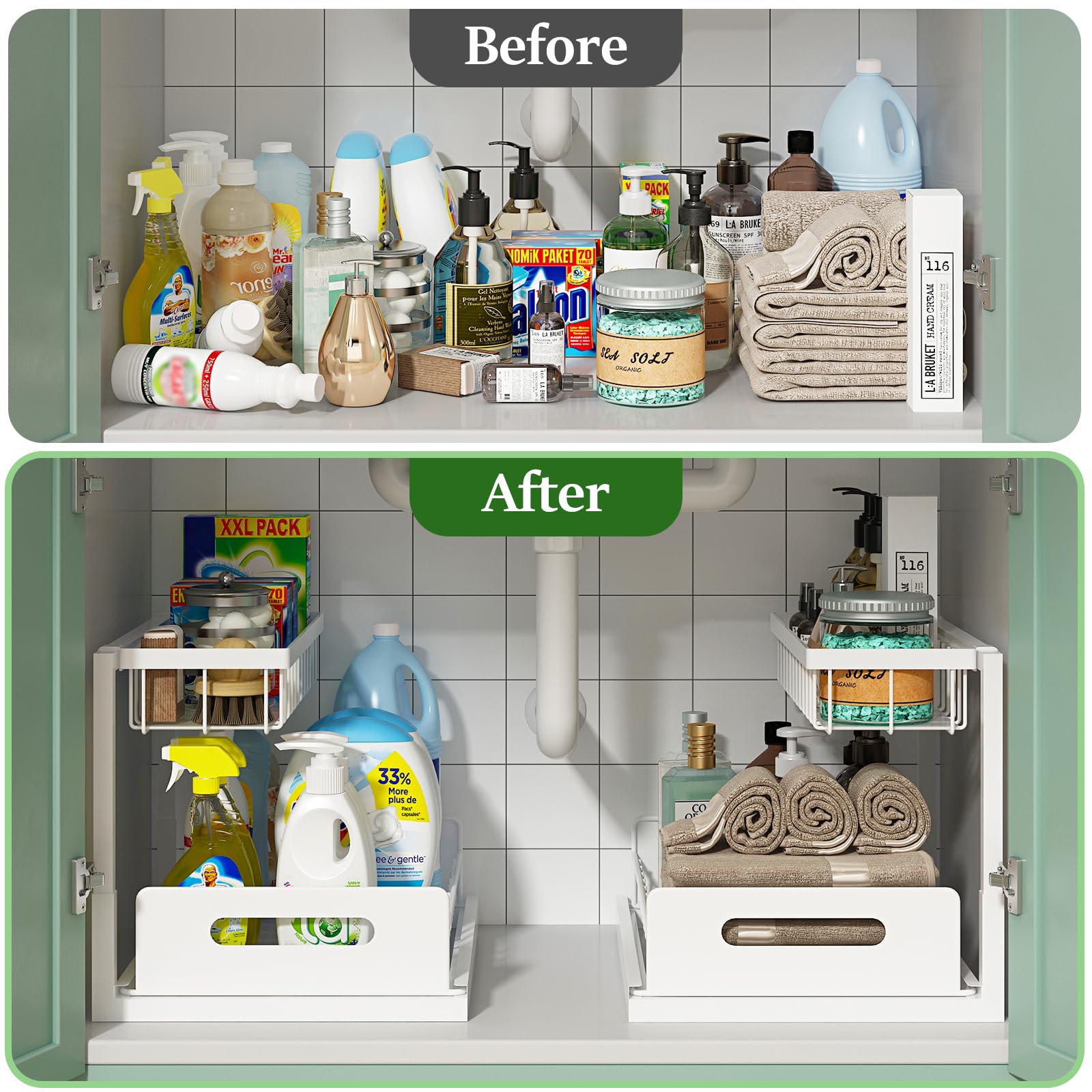 REALINN Under Sink Organizer with Pull-Out Drawer – 2-Tier Slide-Out Cabinet Storage Shelf for Kitchen & Bathroom