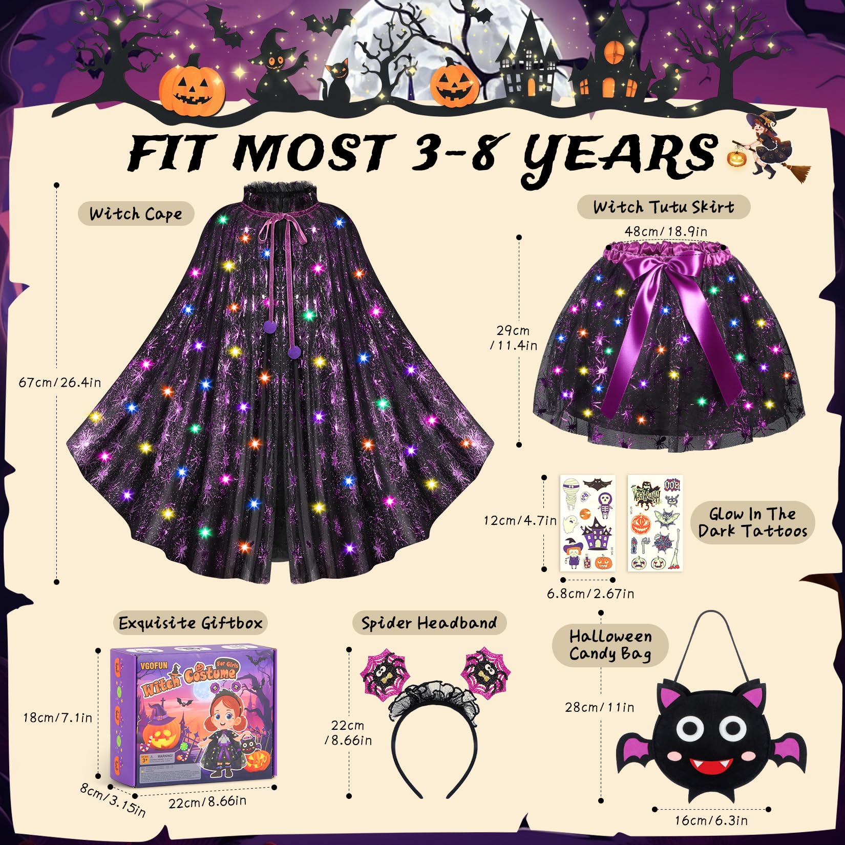 Girls Glow-in-the-Dark LED Witch Costume Set – Light-Up Cape, Tutu Skirt, Headband & Trick-or-Treat Bag (Ages 3–8)