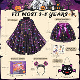 Girls Glow-in-the-Dark LED Witch Costume Set – Light-Up Cape, Tutu Skirt, Headband & Trick-or-Treat Bag (Ages 3–8)