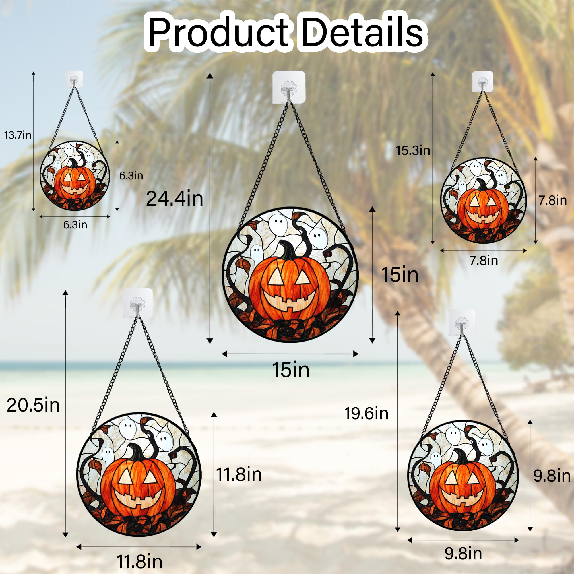 Halloween Stained Glass Suncatcher – Orange Ghost, Pumpkin & Bat Window Hanging Decoration with Chain