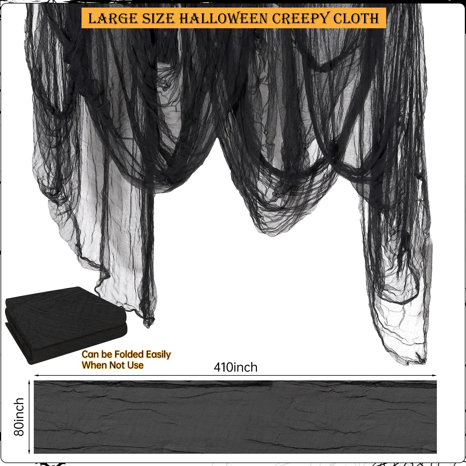 Oversized Halloween Creepy Cloth – 410 x 80 in Black Spooky Gauze Fabric for Haunted House & Party Decor