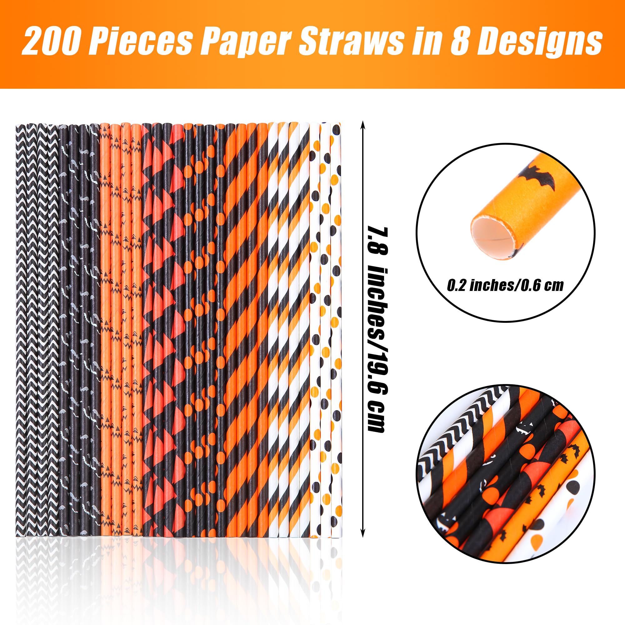 Halloween Paper Straws – 200-Pack Black, Orange & White Biodegradable Party Straws (8 Styles, Food-Grade Paper)