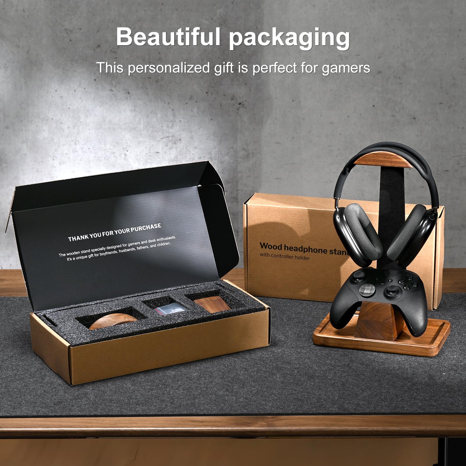 UPERGO Walnut Wood Headset Stand with Gaming Controller Holder & Storage Base for PS5, Xbox and Desk Setup Organization