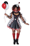 Women’s Plus Size Gothic Clown Costume – Black Pullover Dress with Tulle Sleeves, Pom Details & Striped Satin Underskirt (3X)
