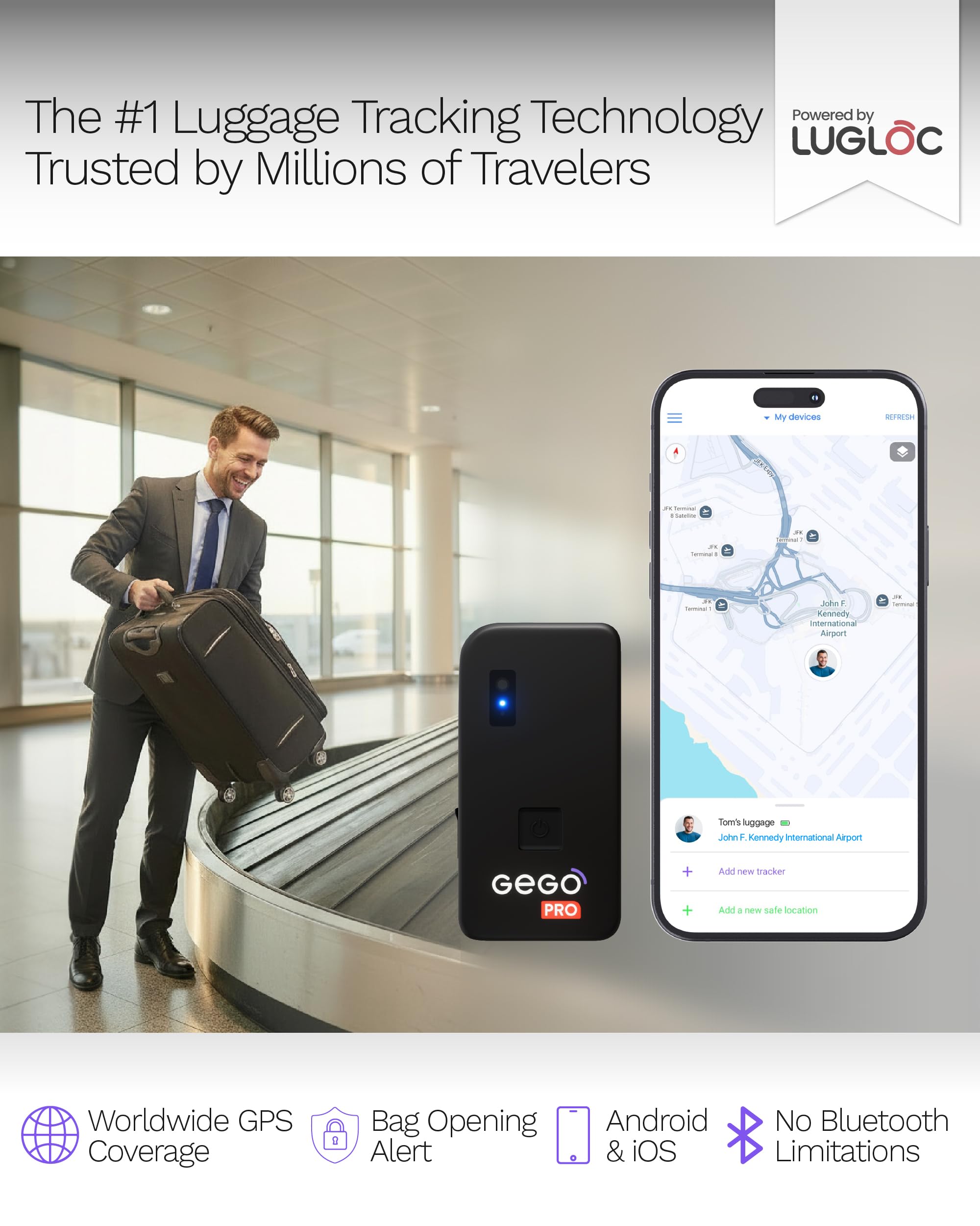 GEGO PRO Real-Time Global GPS Tracker for Luggage and Assets, TSA Approved Smart Travel Tracker with Multi-Network SIM and Security Alerts