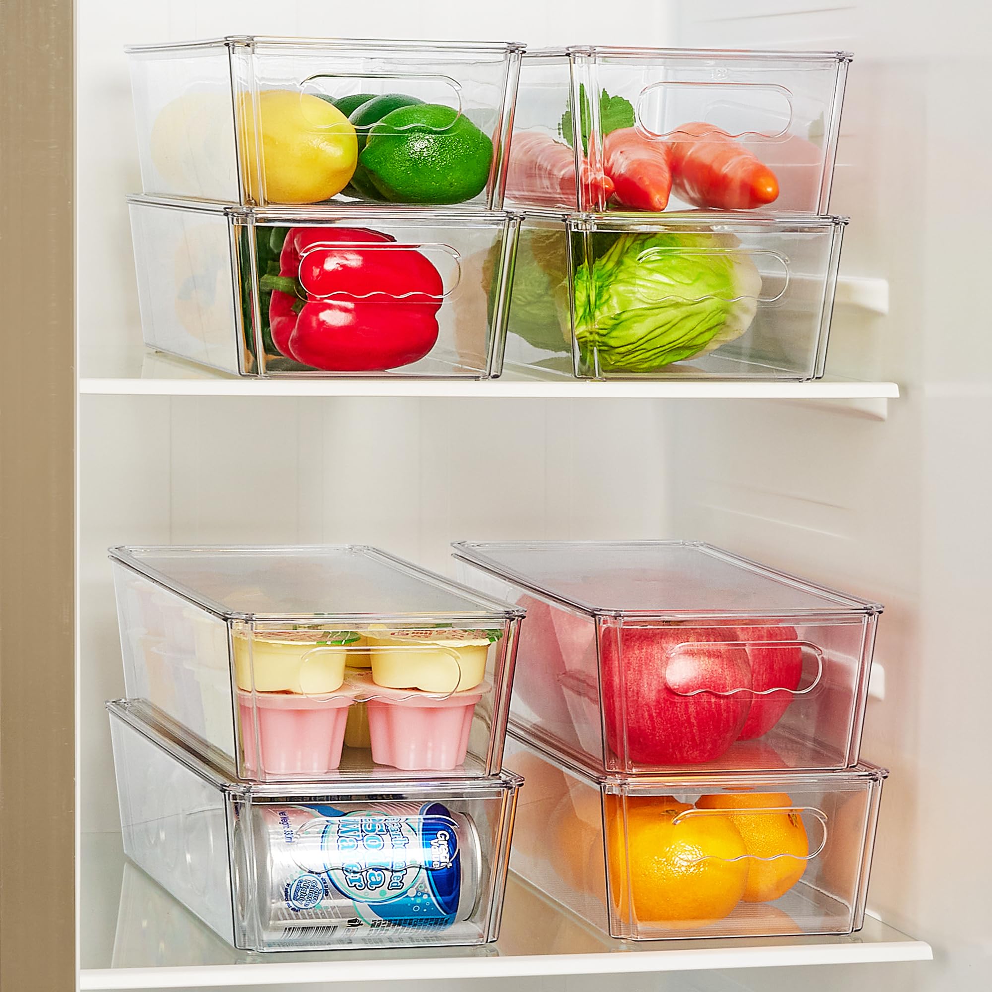 Clear Storage Organizer Bins with Lids & Handles – Stackable Refrigerator and Pantry Containers (12” Size)