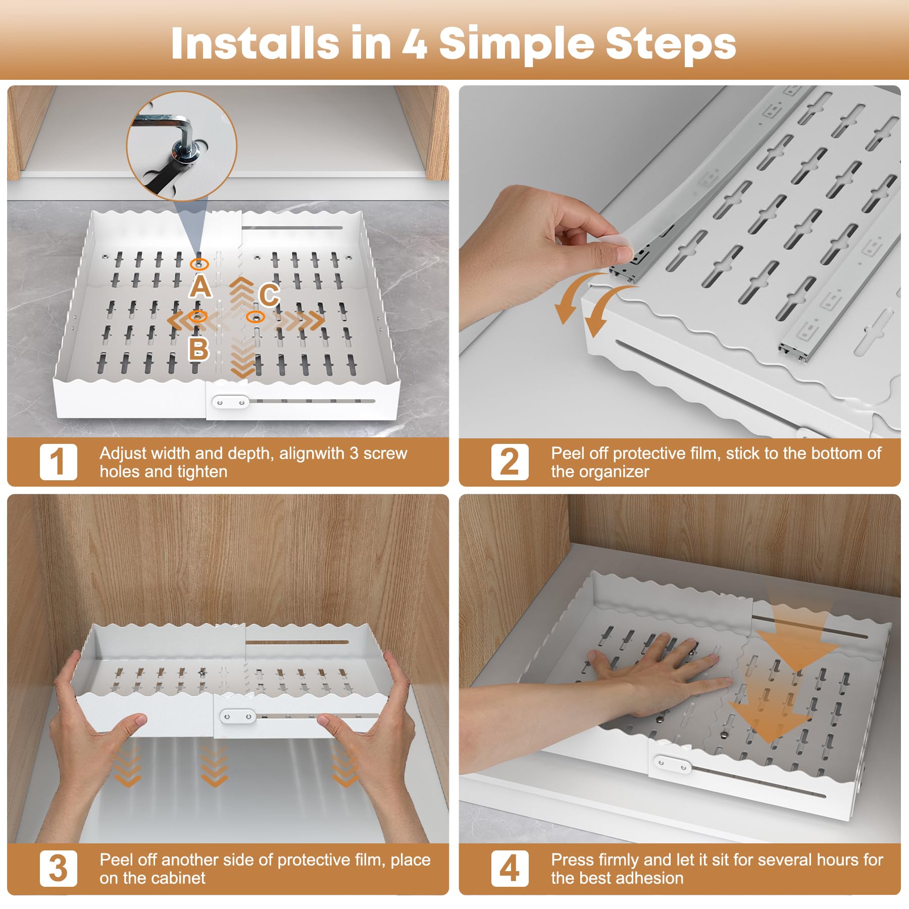 Expandable Pull-Out Cabinet Organizer – No-Drill Slide-Out Drawer with Adjustable Width & Depth for Kitchen & Pantry (White)